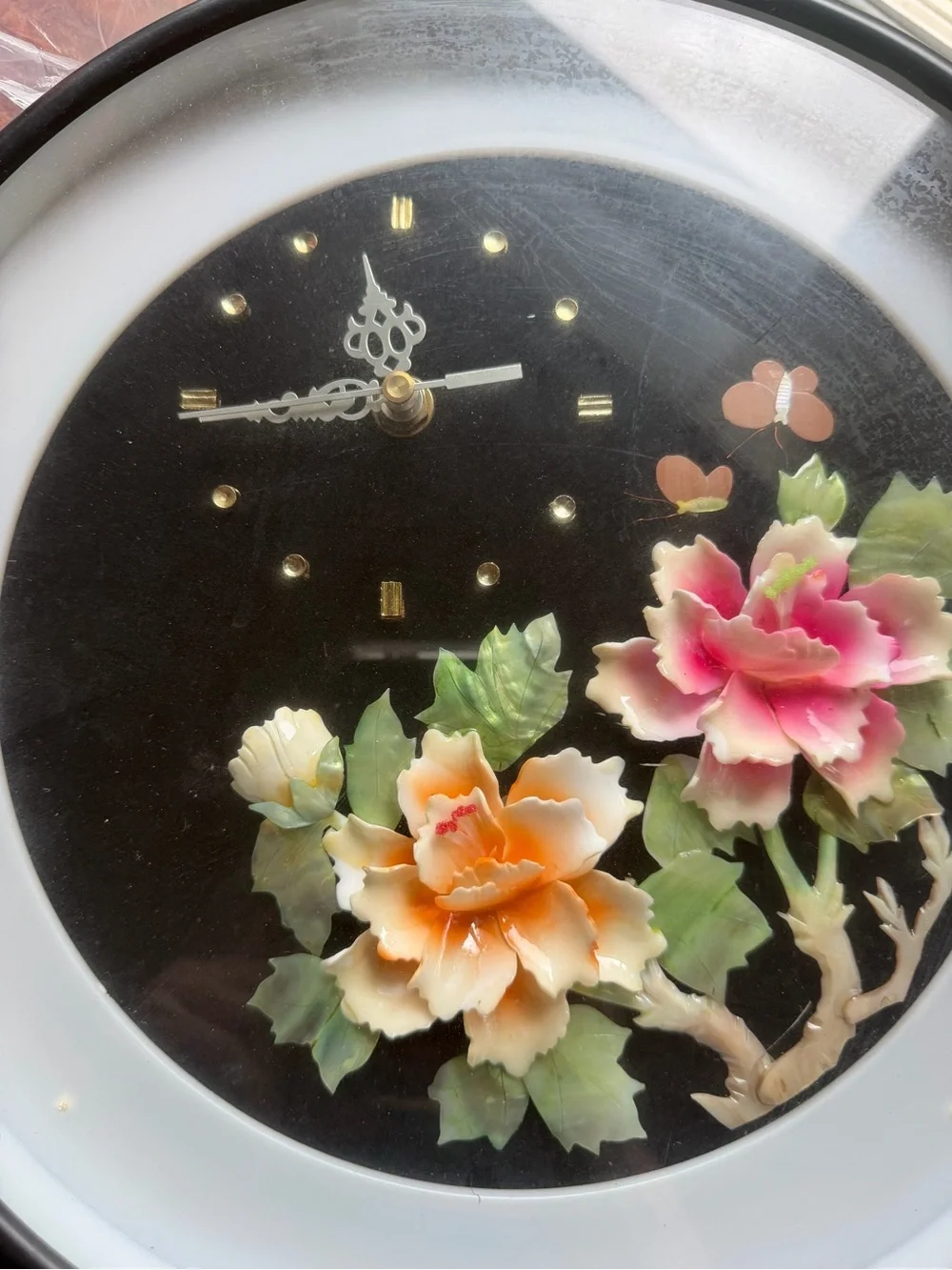 Vintage Chinese Jade Flower Shadow Box Clock